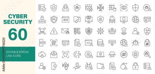 Cyber security icon set. Data protection related line icons: antivirus, password, privacy, padlock, network, hacker, password, warning and more. Editable stroke. Vector illustration.
