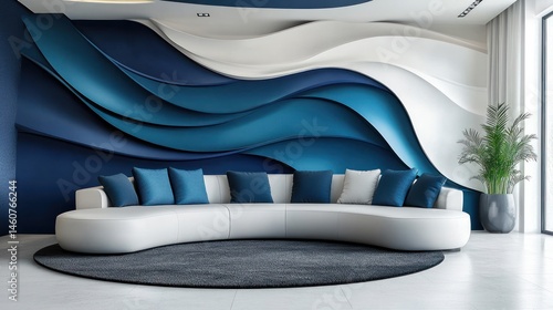 Modern, curved sectional sofa against a dynamic wall of flowing blues and whites