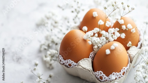 Delicate Easter still life showcasing speckled eggs and tiny white flowers