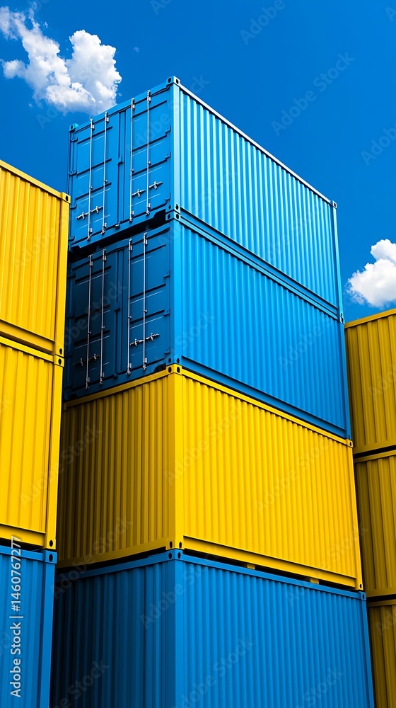 Fototapeta premium Stacked shipping containers, blue and yellow