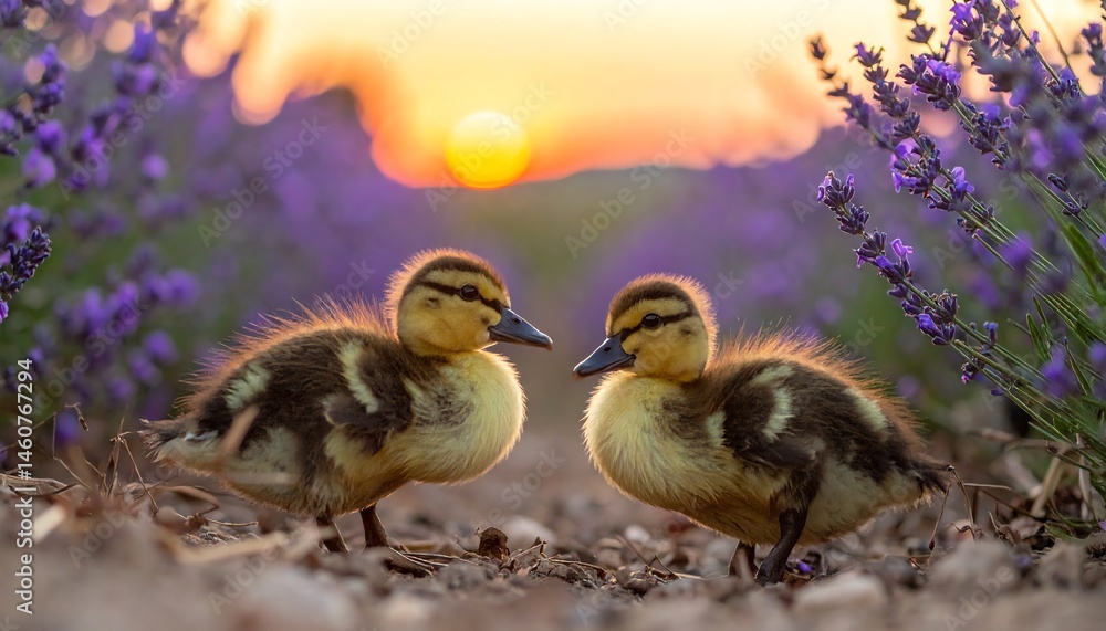 Fototapeta premium Two ducklings stand among purple flowers at sunset, bathed in warm sunlight and surrounded by nature.