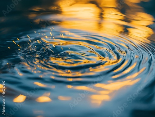 water ripple, golden light, sunset reflection, tranquil surface, natural texture