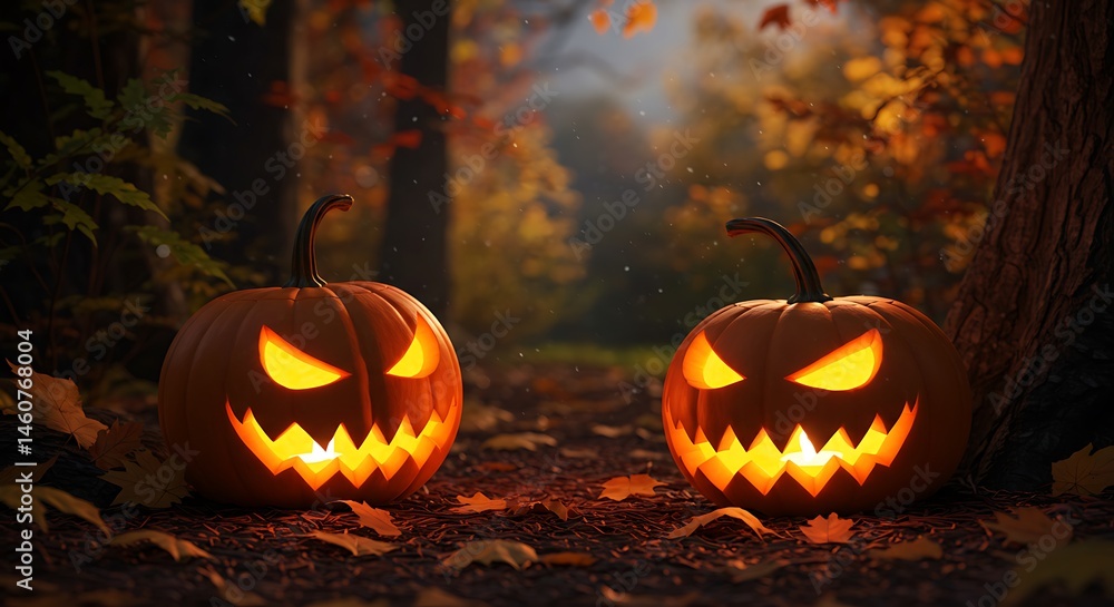 Glowing Jack-o'-lanterns on a Misty Autumn Path: Halloween Night in the Woods AI Generated Glowing Jack-o'-lanterns on a Misty Autumn Path: Halloween Night in the Woods AI Generated