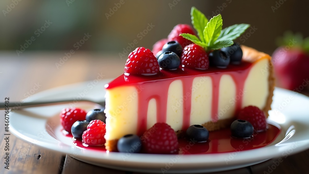 Sliced cheesecake with berries and mint, depth of field focus Sliced cheesecake with berries and mint, depth of field focus