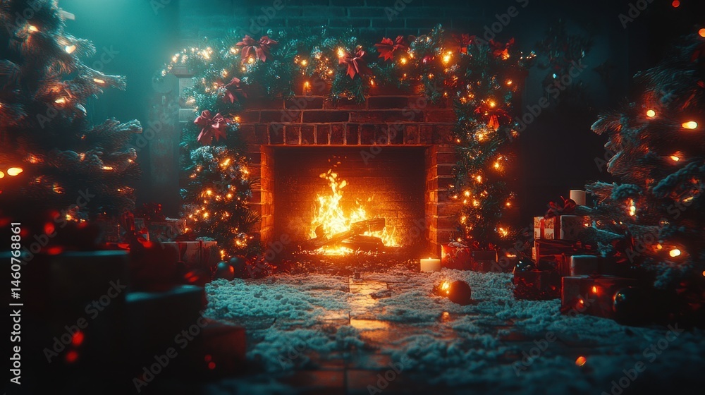 Fototapeta premium Cozy Christmas fireplace scene with glowing lights and presents