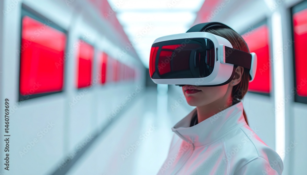 Obraz premium A woman in a futuristic hallway wears a virtual reality headset, surrounded by vibrant red and white lights.