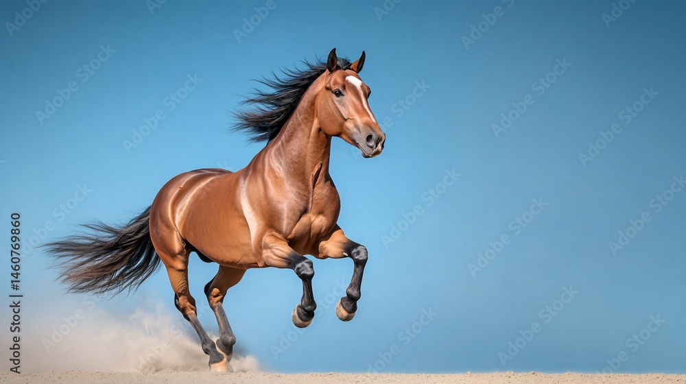 Obraz premium Brown horse galloping, dust kicked up, against a vivid blue sky
