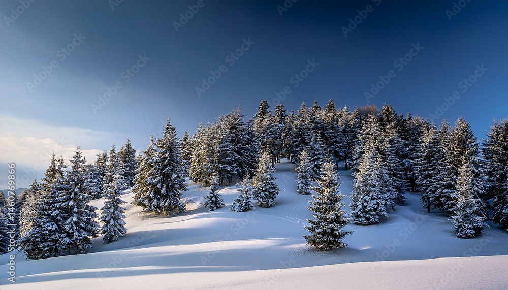 covered hill with pine trees under a clear, pale winter covered hill with pine trees under a clear, pale winter