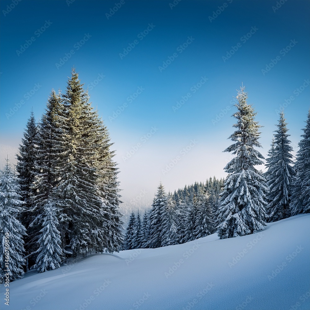 Fototapeta premium covered hill with pine trees under a clear, pale winter 