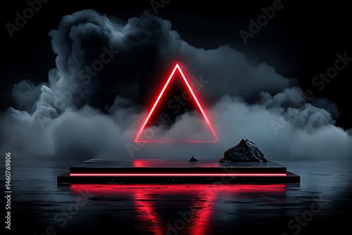 Dark, futuristic podium with red neon triangle