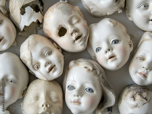 pile of broken doll heads: close up, cracked porcelain, pale tones