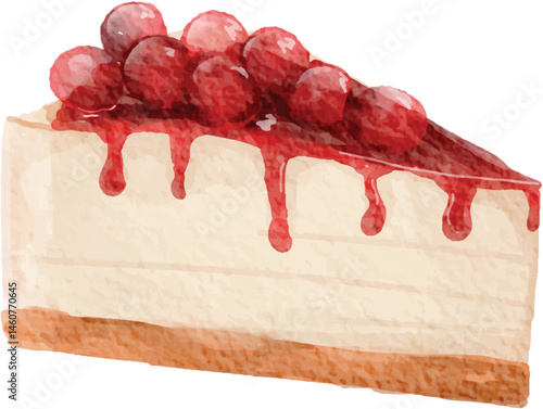 cherry cake slice watercolor hand drawn illustration