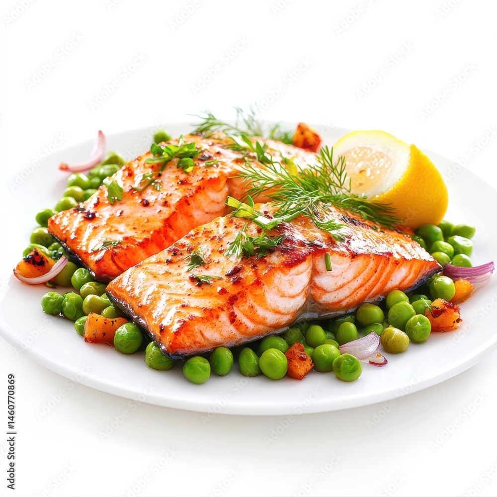 Grilled salmon fillets served on a bed of peas with lemon and onion garnish Grilled salmon fillets served on a bed of peas with lemon and onion garnish