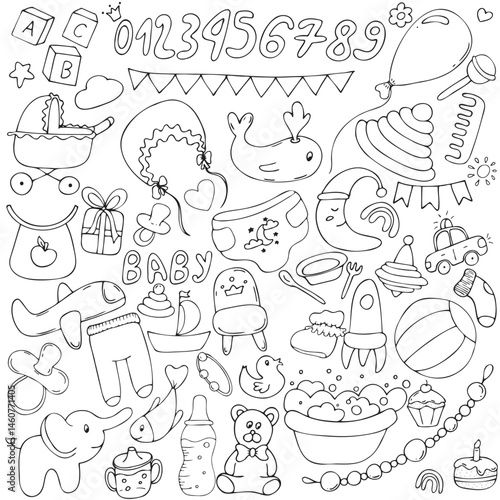 large set of children s items - toys, clothes, hygiene, stroller, bath, dishes, vector set of cute colored children s elements in doodle style with black outline, set of elements