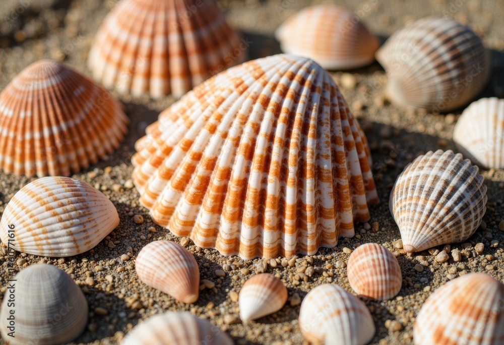 Beautiful collection of seashells arranged on sandy beach Beautiful collection of seashells arranged on sandy beach