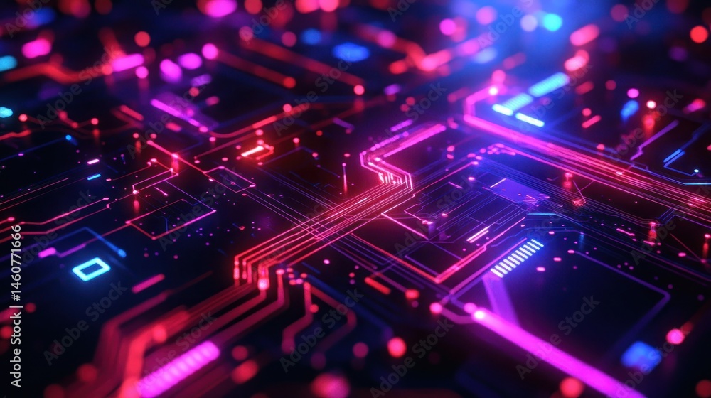 Abstract circuit board with glowing neon lines.
