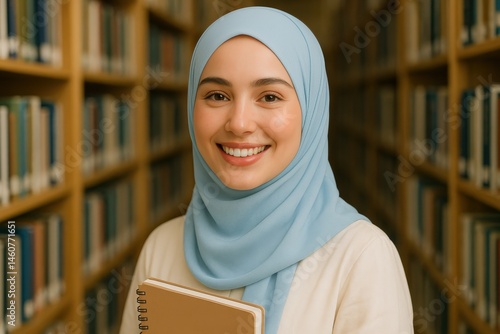 Obraz na płótnie Smiling Malay Muslim student in hijab holding notebook inside library w salonie