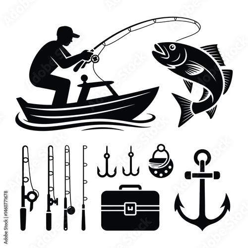 A vector illustration showcases a set of fishing icons alongside various fishing boats on the water, depicting a popular sport with silhouettes of fishermen and different types of vessels like kayaks 