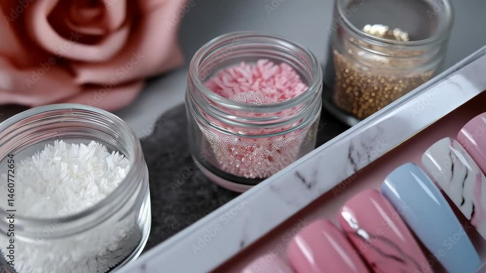 Pastel press-on nails in decorative box with jars of nail art embellishments for unique manicures and elegant nail designs. Pastel press-on nails in decorative box with jars of nail art embellishments for unique manicures and elegant nail designs.