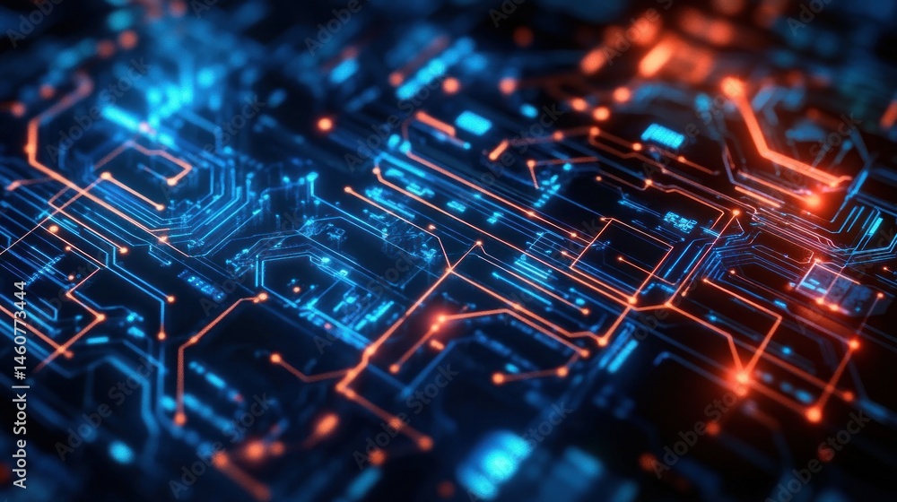 Abstract circuit board with glowing orange and blue lines. Complex network of interconnected pathways. Abstract circuit board with glowing orange and blue lines. Complex network of interconnected pathways.