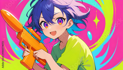 Holding a Toy Water Gun Cartoon Anime Style with Colorful Background