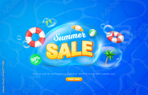 Realistic bubble style summer sale design with safety ring, tree, beach umbrella in blue wavy water background. Summer holiday promotion idea template.
