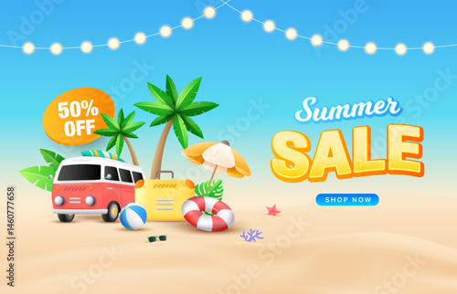Beach background with light bulb style with van, tropical plants, luggage, safety ring, umbrella. Beach party and promotion design template.