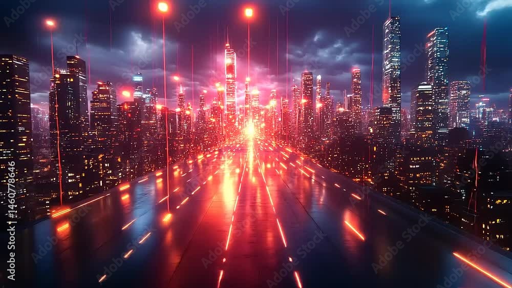 Futuristic Cityscape with Neon Lights and Dramatic Sky Futuristic Cityscape with Neon Lights and Dramatic Sky