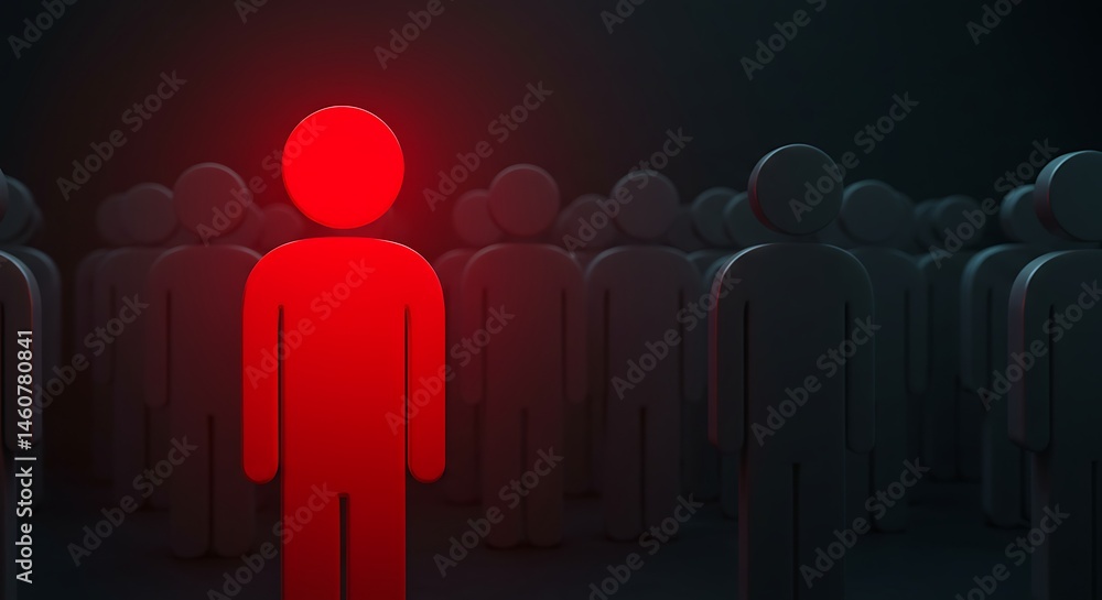 Isolated Red Figure Amidst a Crowd of Dark Silhouettes Isolated Red Figure Amidst a Crowd of Dark Silhouettes