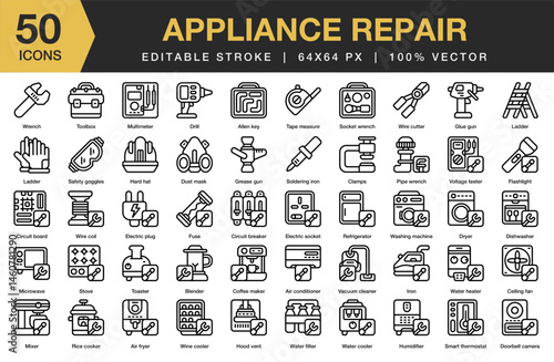 Appliance Repair icon set. Editable Stroke Icon Collection. Includes service, home, repair, house, maintenance, appliance, and More. Outline icons vector collection.