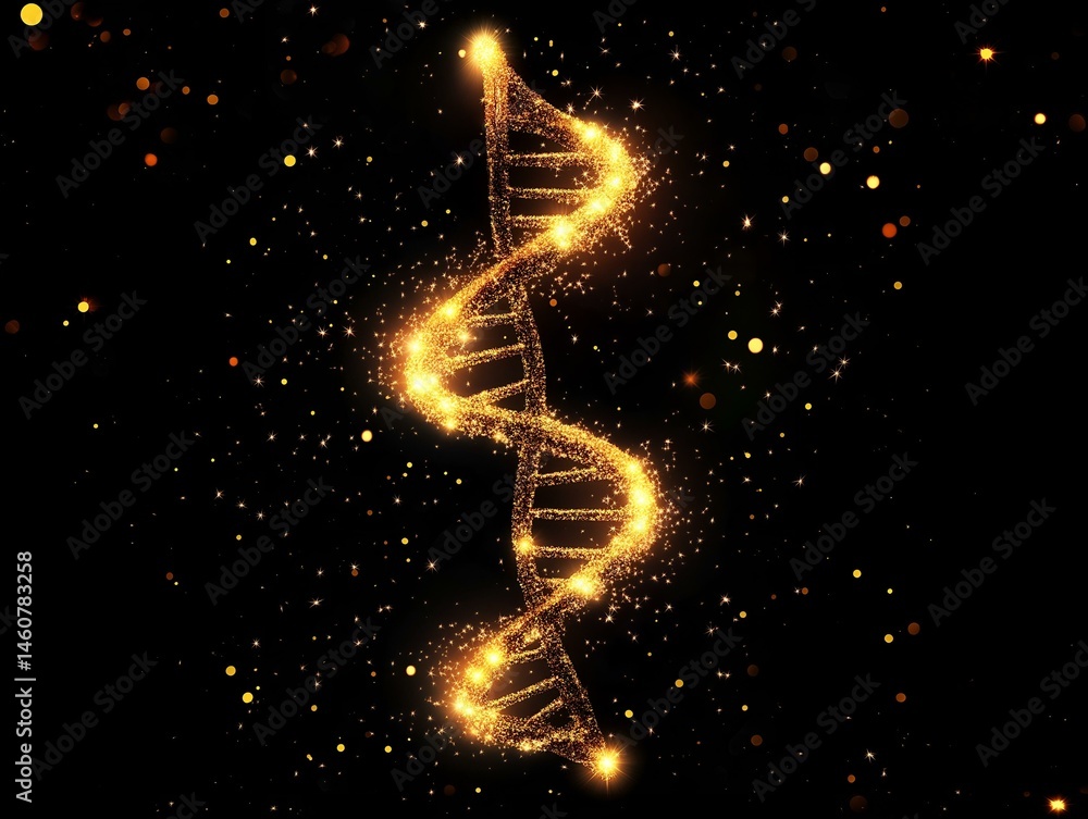 Obraz premium glowing dna strand, golden particles, dark background, science fantasy, abstract energy
