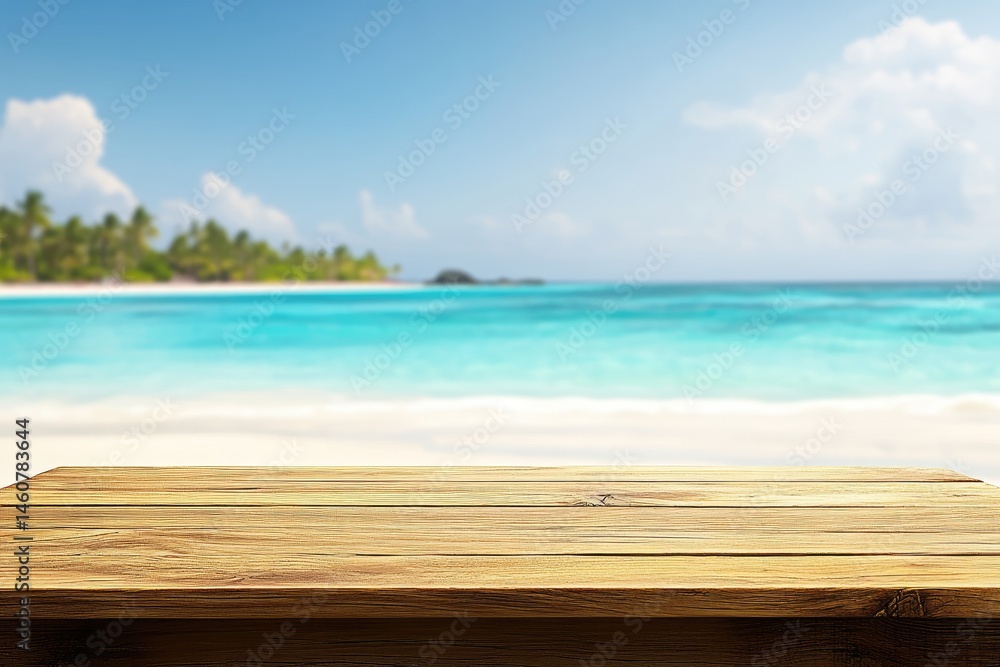 Fototapeta premium Wooden table overlooking a tropical beach