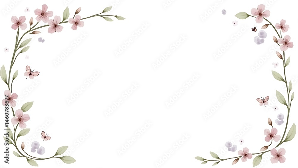 Pink floral frame with delicate petals and spring blossoms Pink floral frame with delicate petals and spring blossoms