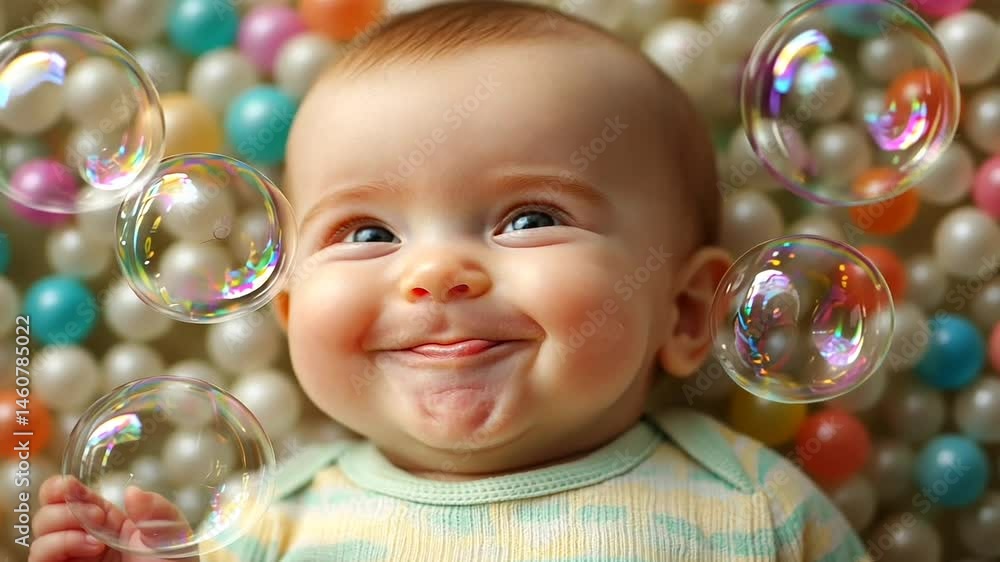 Baby smiling joyfully among colorful bubbles and balls Baby smiling joyfully among colorful bubbles and balls