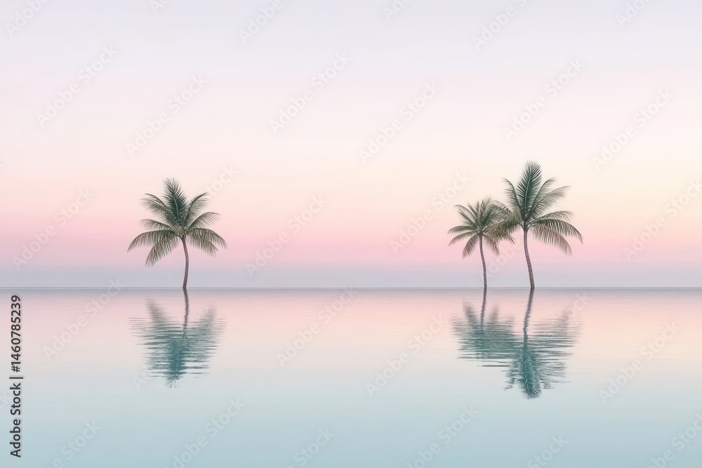 Dreamy pastel scene with palms mirrored in still ocean water, minimal horizon line Dreamy pastel scene with palms mirrored in still ocean water, minimal horizon line