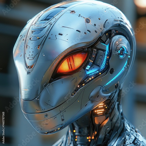 Advanced robotic head, futuristic design.  Complex metallic structure, glowing orange eyes