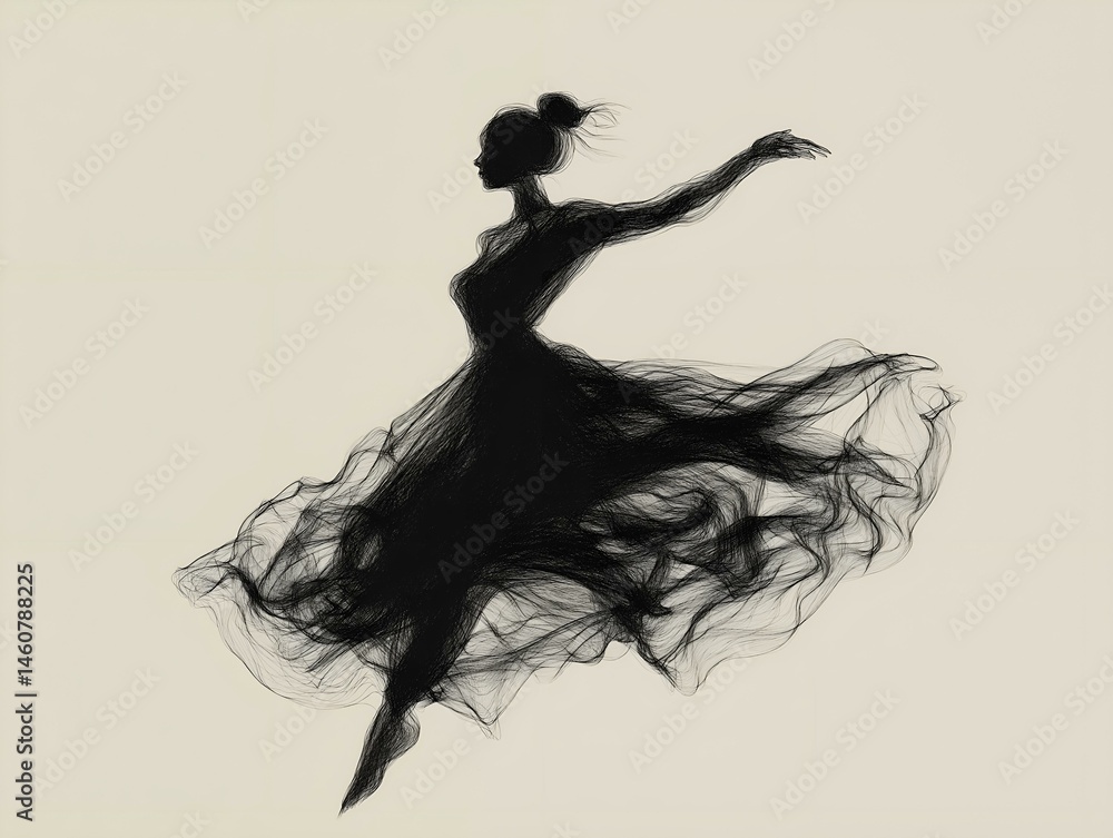 Fototapeta premium ballerina sketch, black ink, flowing dress, elegant pose, dynamic movement, artistic expression