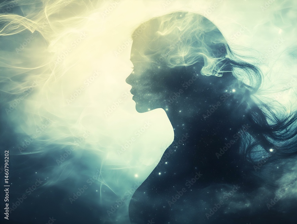 Obraz premium woman profile, blue light, misty background, ethereal, mystical portrait