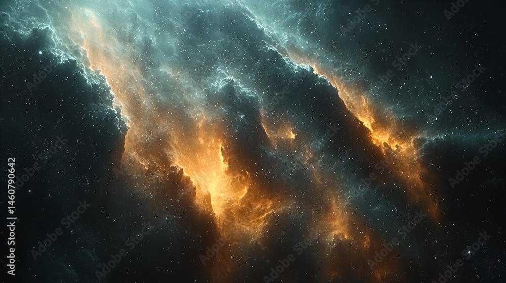 Fototapeta premium Cosmic nebula with teal and orange glowing gas clouds and scattered stars.