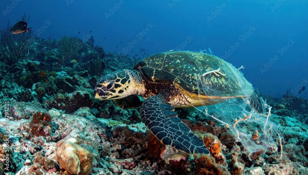 Fototapeta premium Underwater scene featuring a hawksbill sea turtle entangled in debris, surrounded by colorful coral reefs and marine life