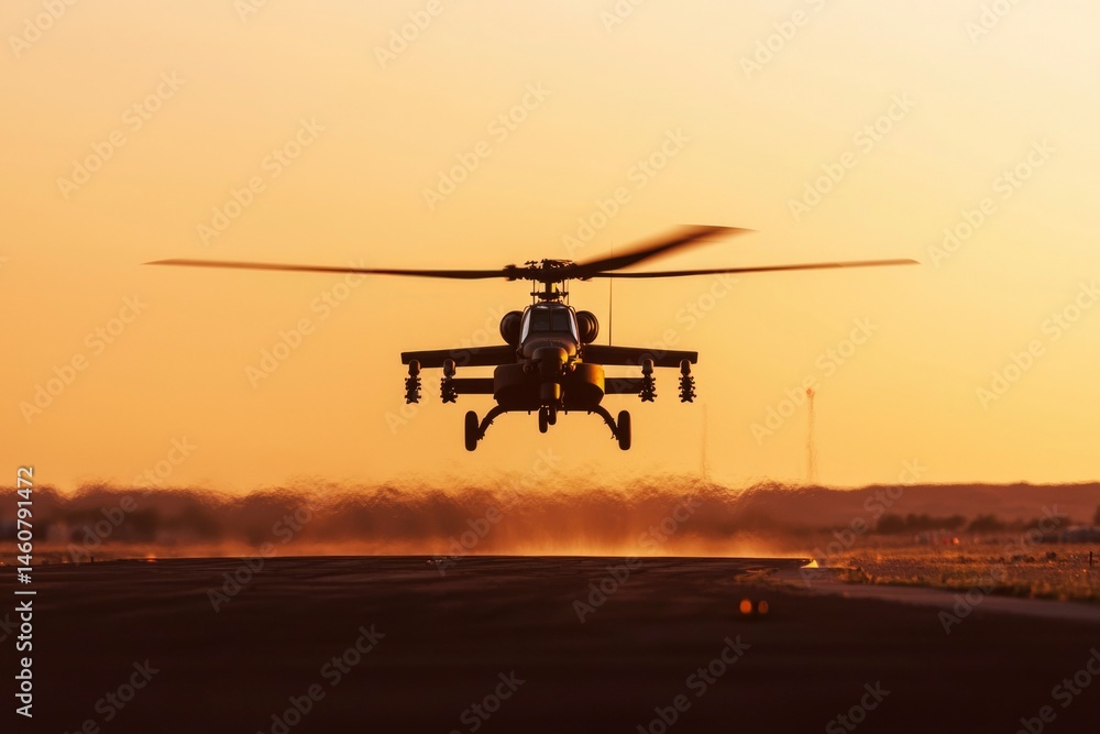 Military helicopter taking off at sunset Military helicopter taking off at sunset