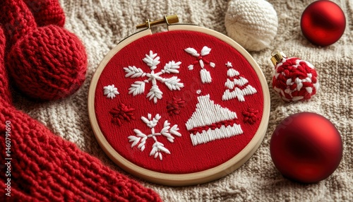 Festive embroidered hoop with winter motifs