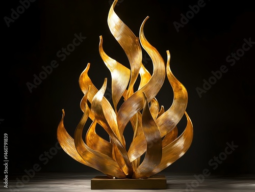 golden flame sculpture, abstract art, metallic texture, warm light, dark background