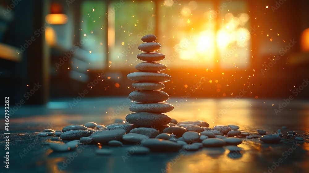 Obraz premium Serene Sunset: Balanced Stones and Golden Hour Glow