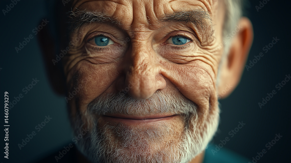 A close-up portrait shows an older man with gray hair, a beard, and blue eyes. He has a warm smile and wrinkles, conveying wisdom and experience. A close-up portrait shows an older man with gray hair, a beard, and blue eyes. He has a warm smile and wrinkles, conveying wisdom and experience.
