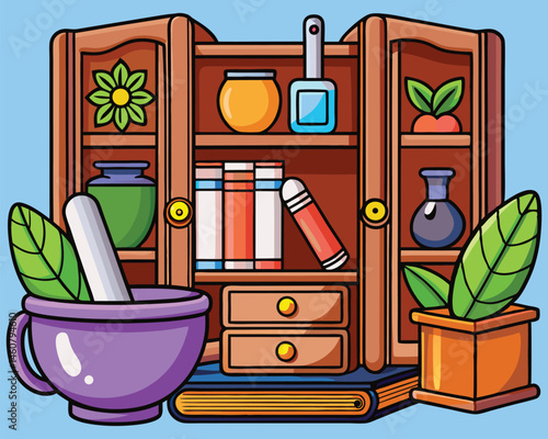 Herbal Apothecary Cabinet with Jars, Mortar, and Remedy Book – Vector Illustration