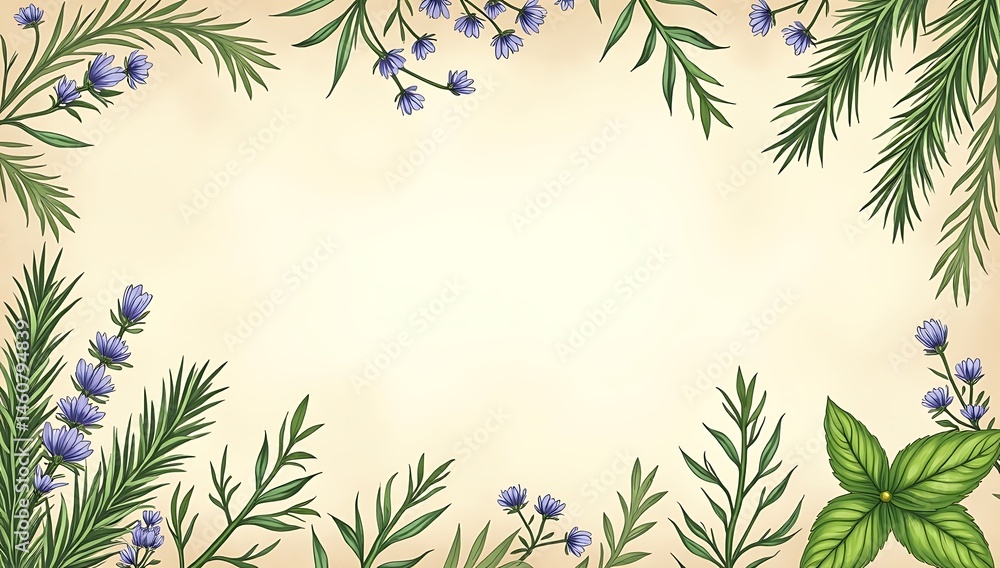Fototapeta premium A seamless botanical background entirely filled with illustrated herbs like thyme, sage, and basil on a soft cream backdrop