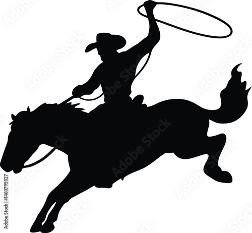 Cowboy Silhouette on Rearing Horse with Lasso - Wild West Vector Art