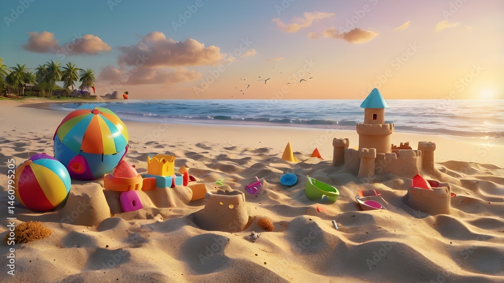 Obraz premium 3D rendering of scattered colorful beach toys and sandcastles near shoreline, soft sunset light, gentle waves, footprints in sand, realistic texture, no visible people,Generative Ai 