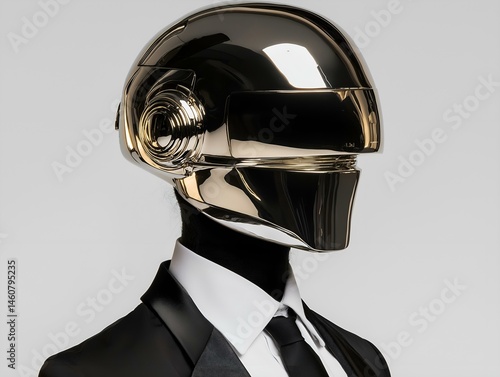 chrome daft punk robot close up light grey background simple and elegant